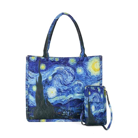 Van Gogh Starry Night Painted Tote Bag and Cellphone Bag 2 Piece Set - Picture 1 of 5